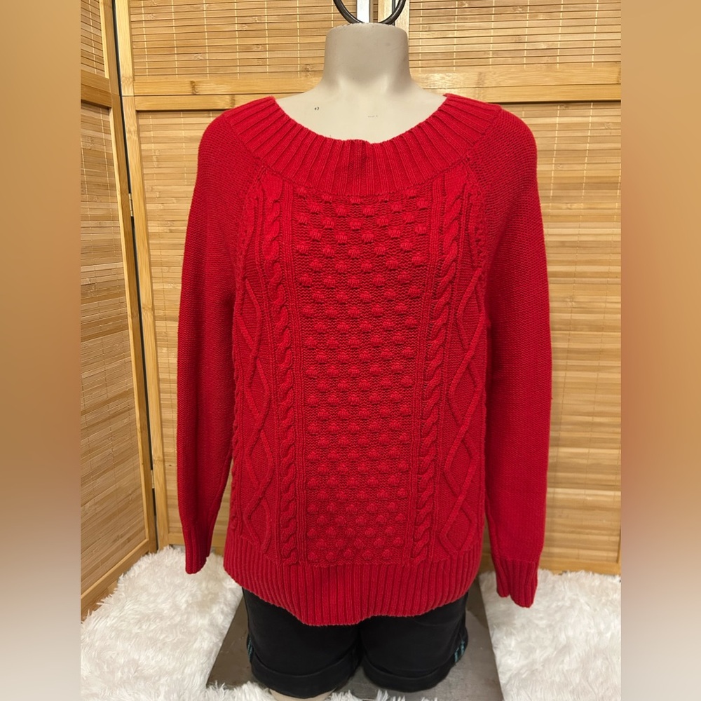 Ralph Lauren Chaps Sweater Women Red Chunky Cable Knit Fisherman Ribbed top M